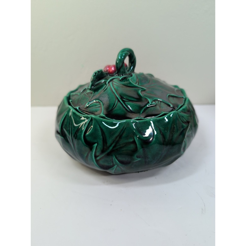Vintage Lefton Green Holly Berries Candy‎ Bowl 6"